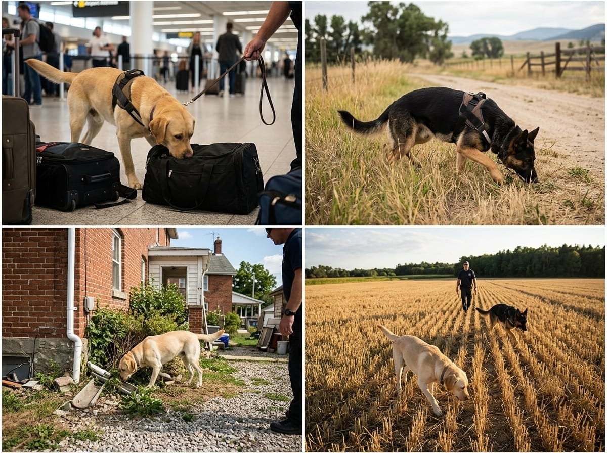 Army Dog Center trained dogs performing luggage detection, field tracking, and property search